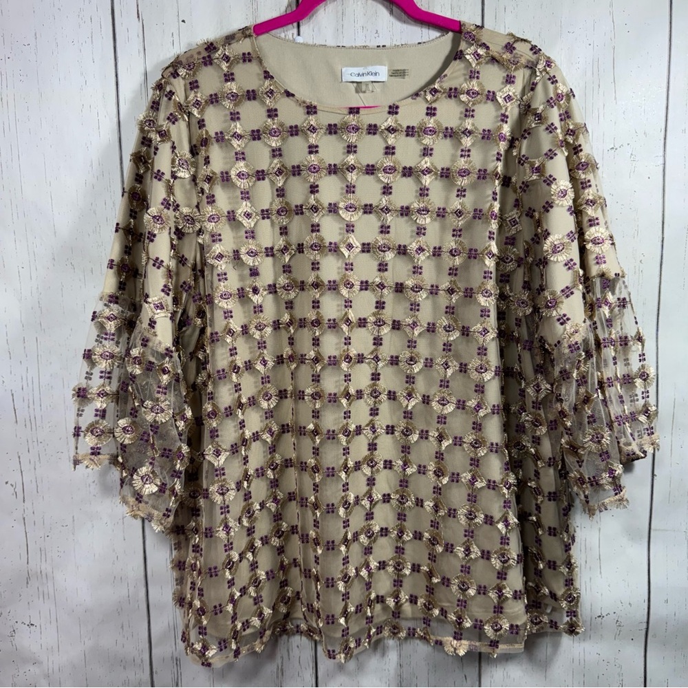 Calvin Klein Womens Embroidered Mesh Top Blouse 3/4 Bell Sleeves Flowy Gold Boho